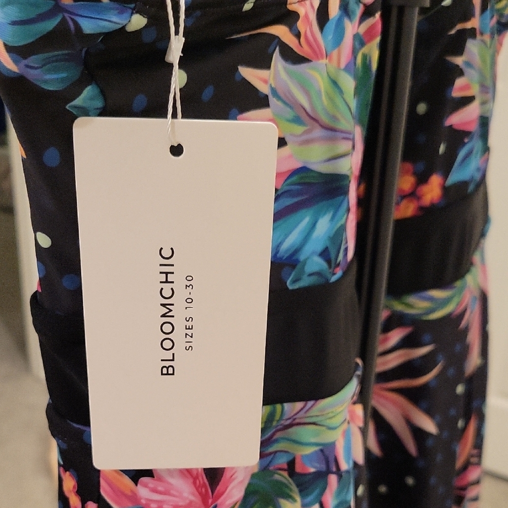 BloomChic Black One-Piece Swimdress with Pink & Blue Tropical Floral Print - Picture 2 of 5
